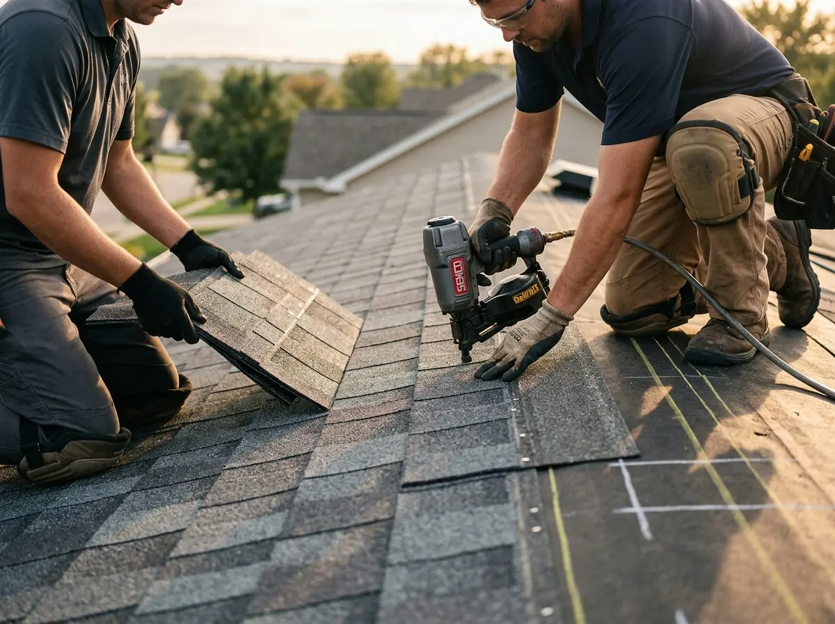Professional roofer working on a residential roof in Lincoln